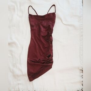 Spaghetti Strap Asymmetrical Bodycon Dress in Deep Burgundy
